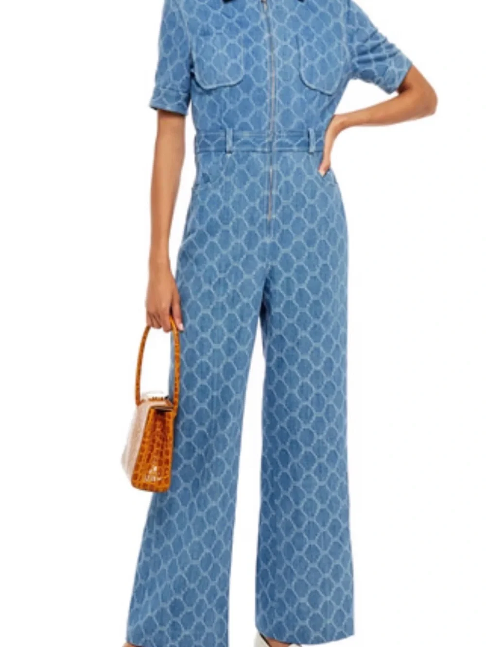 SANDRO Kelly Jacquard Denim Wide Leg Jumpsuit Euro 36 Size 4 - Picture 3 of 10